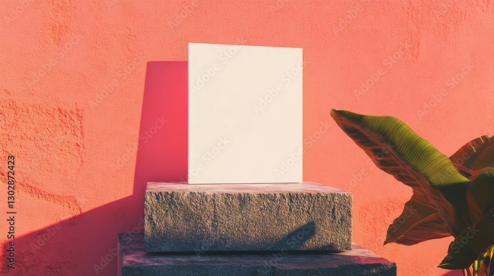 Poster minimalist white frame on stone stack against coral background for modern wall art display