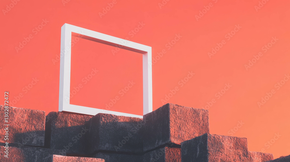 Poster geometric white frame on textured blocks with vibrant orange background