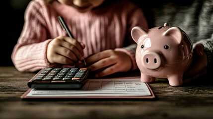 Child learning to save money with piggy bank and calculator home office financial education cozy environment close-up view