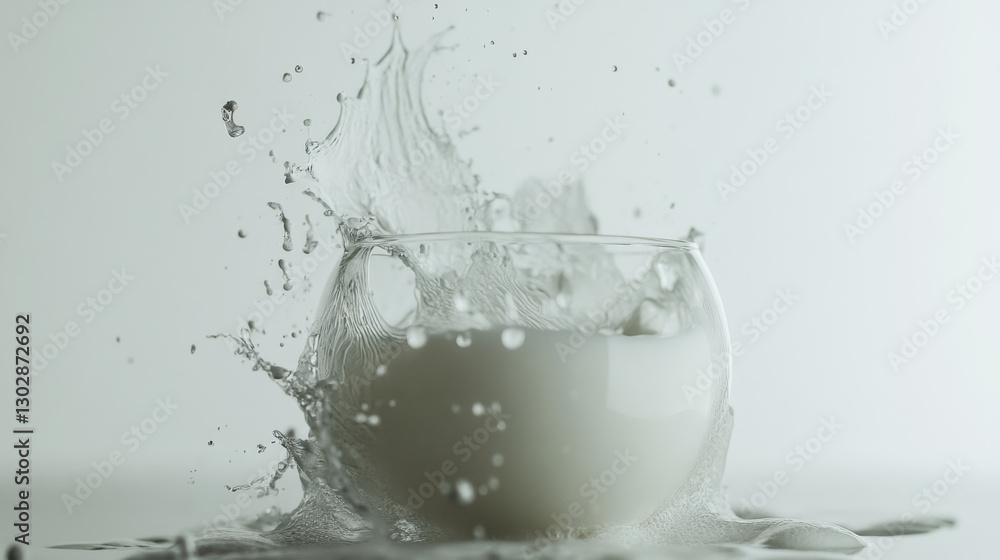 Poster glass of milk splashes on white background, creating dynamic motion and energy. liquid forms intrica