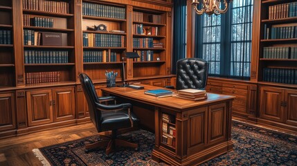 Fototapeta premium Elegant wooden office with large desk and bookshelves. Ideal for business, success, or luxury concepts.