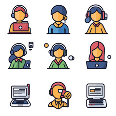 Customer Service Team with Headphones on Laptops and Desktop Computers
