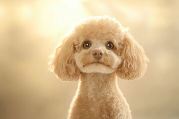 A cute beige poodle sitting gracefully, The dog has big, expressive eyes and a playful, charming expression, with soft, curly fur detailed in a whimsical