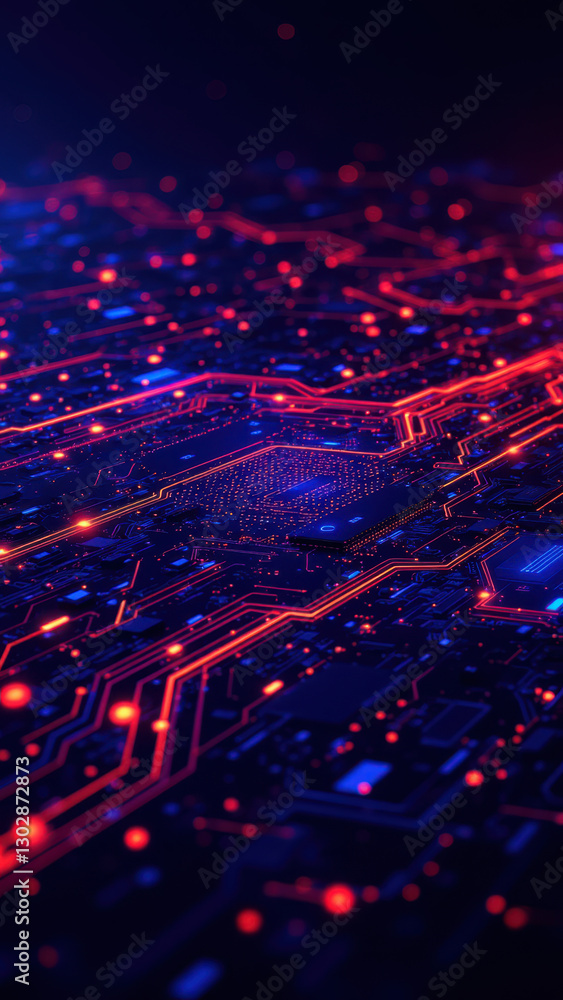 Poster high-tech network of red and blue pathways on a grey background, symbolizing digital connections and