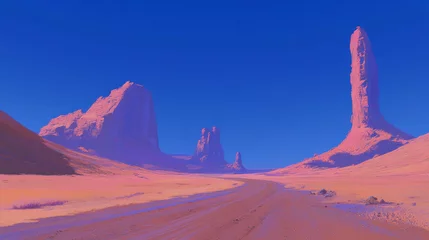 Fototapete Rund Serene desert landscape with winding dirt road and rugged rock formations © annetdebar