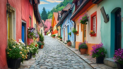 Charming cobblestone road photography colorful village travel inspiration vibrant environment serene viewpoint