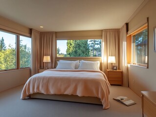 Fototapeta premium Sunlit master bedroom with king bed, large windows, and calming decor.