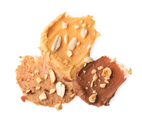 Different nut butters and nuts isolated on white, top view