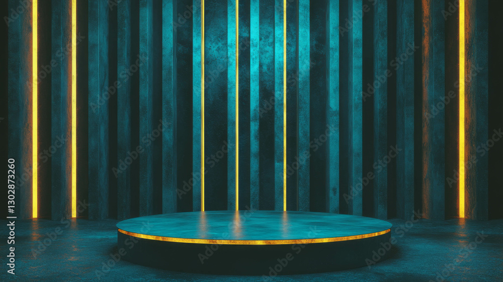 Poster Modern abstract background with concrete podium and vertical light stripes for design and display
