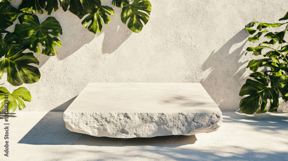 Poster minimalist concrete slab podium in sunlit abstract nature setting for design projects