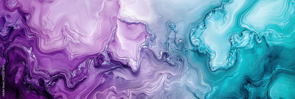 Poster Abstract fluid art with swirling purple and teal patterns creates vibrant and dynamic visual effect. smooth gradient transitions and bright contrasts enhance homogeneous background