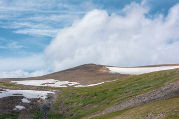 Herd of yaks grazes on grassy slope of stony hill with snowfields in sunlight under cloudy sky in...