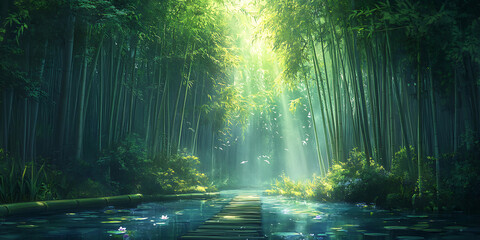 Obraz premium Towering Bamboo Forest with Lush Green Stalks Forming a Dense Canopy