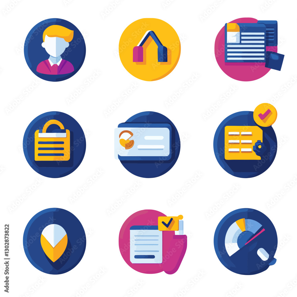 Poster website flat icon vector with man headphones security map and tasks.