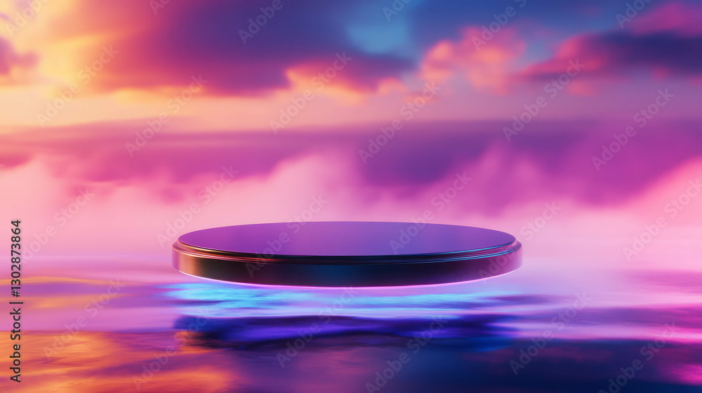 Poster Surreal floating circular platform against vivid abstract background