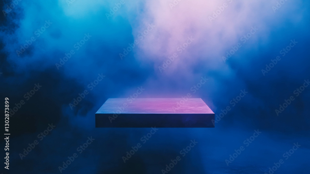 Poster surreal floating platform in abstract geometric scene with misty blue background