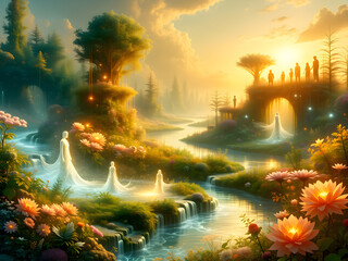 Ethereal Garden of Light: Glowing Flowers, Crystal Rivers, and Radiant Beings Under a Golden Sunset Sky.