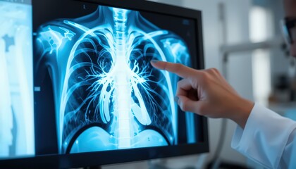 Medical X-Ray Analysis: Doctor Examining Lung X-Ray on Computer Screen