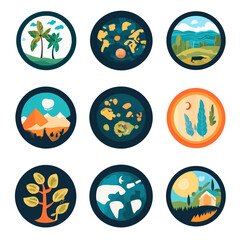 Circular Nature Badges Vector Art, Palm Trees, Mountains, Trees, Landscapes