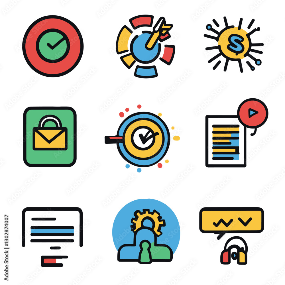 Poster business icons set showing workflow, finance and communication concept