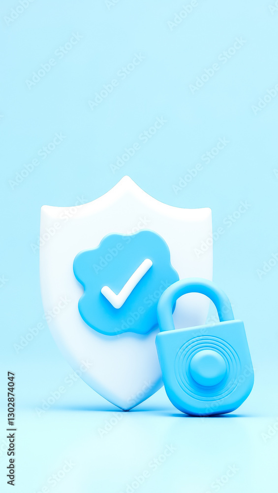 Aufkleber 3d render of a white shield with blue checkmark and padlock representing digital security