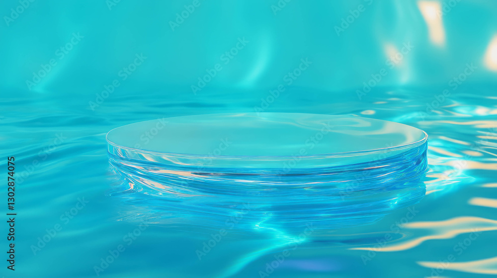 Poster floating glass podium on abstract aqua background for modern design concepts