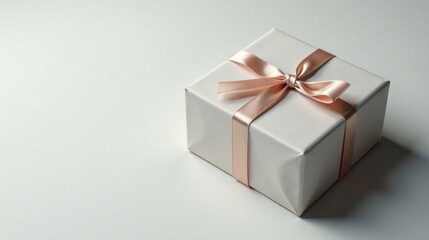 Obraz premium A delicately wrapped present, a symbol of thoughtful gifting, showcases a pristine off-white box adorned with a blush-toned satin ribbon, tied in a classic bow.