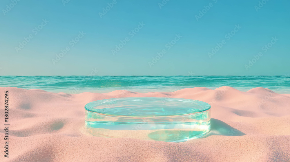 Poster abstract beach scene with glass podium on sand for design and presentation concepts