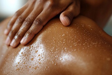 Close-up of a man's hand pressing his upper back, highlighting muscle strain

