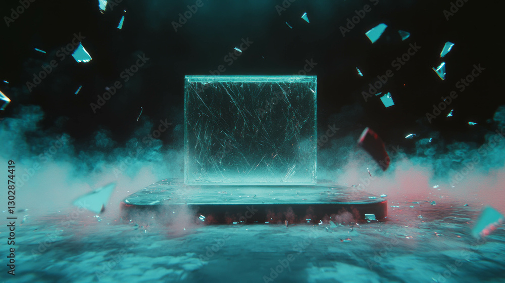 Poster futuristic abstract design with glass podium and geometric elements