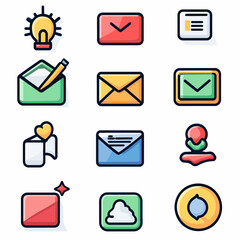 Email Icons Set Featuring Inbox, Stamp, Idea, Message Notification Symbols