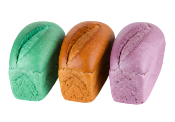 Colorful Loaves of Bread in Green, Brown, and Purple Ideal for Baking, Food Photography, and Culinary Art Designs