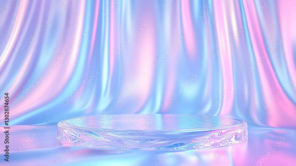 Poster futuristic design display with glass podium and iridescent drapes for showcase
