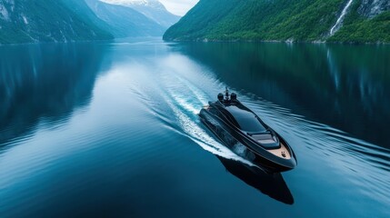 A sleek, black yacht glides through calm, reflective waters of a fjord, surrounded by majestic mountains, showcasing luxury and the beauty of nature's tranquility.