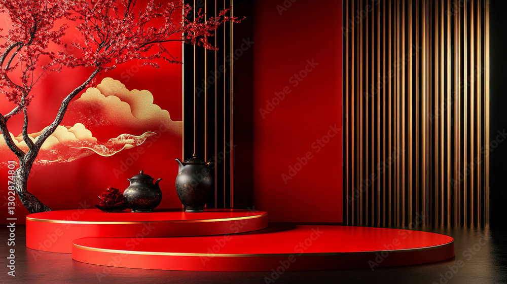 Poster elegant abstract design with lacquered red podium in modern asian style