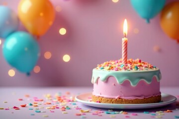 A single candle illuminates a delightful pink birthday cake adorned with colorful sprinkles, surrounded by pastel balloons and confetti, creating a festive and joyful atmosphere.