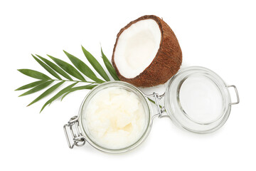 Cooking oil in glass jar, green branch and half of coconut isolated on white, top view