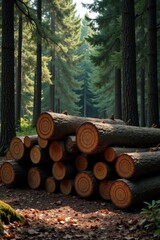 Sun-dappled forest scene showcasing a neatly stacked pile of freshly cut tree trunks, resting on a bed of fallen leaves and earth, surrounded by tall, slender evergreen trees.