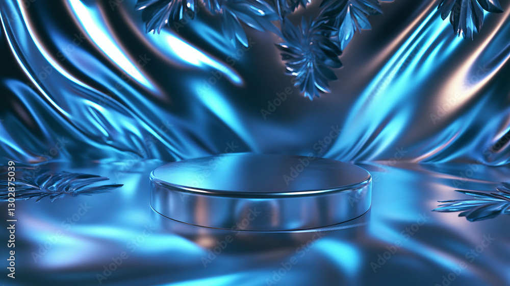 Poster Abstract metallic background with podium and leaves for modern design and presentation