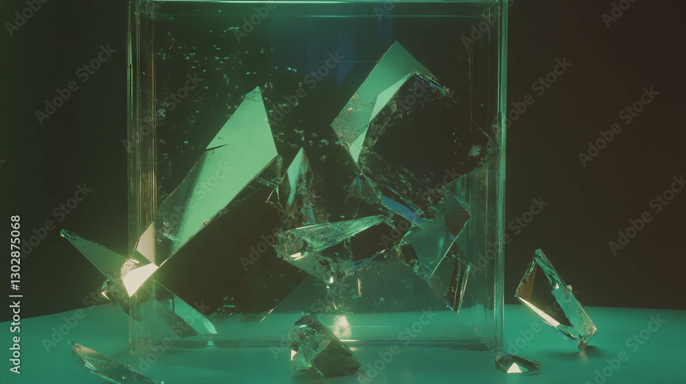 Poster abstract shattered glass cube in a green glow for futuristic design concepts