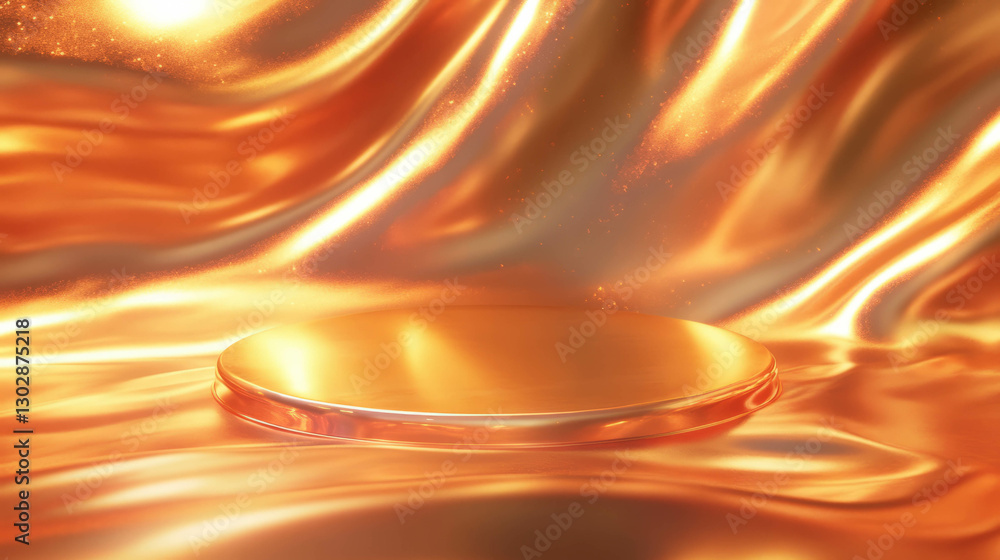 Poster Luxurious abstract background with golden fabric and podium for elegant display design