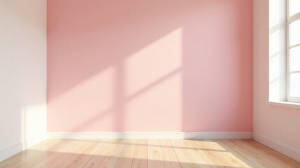 Fototapeta premium Empty room with pastel pink wall and sunlight streaming through window showcasing light wood floor