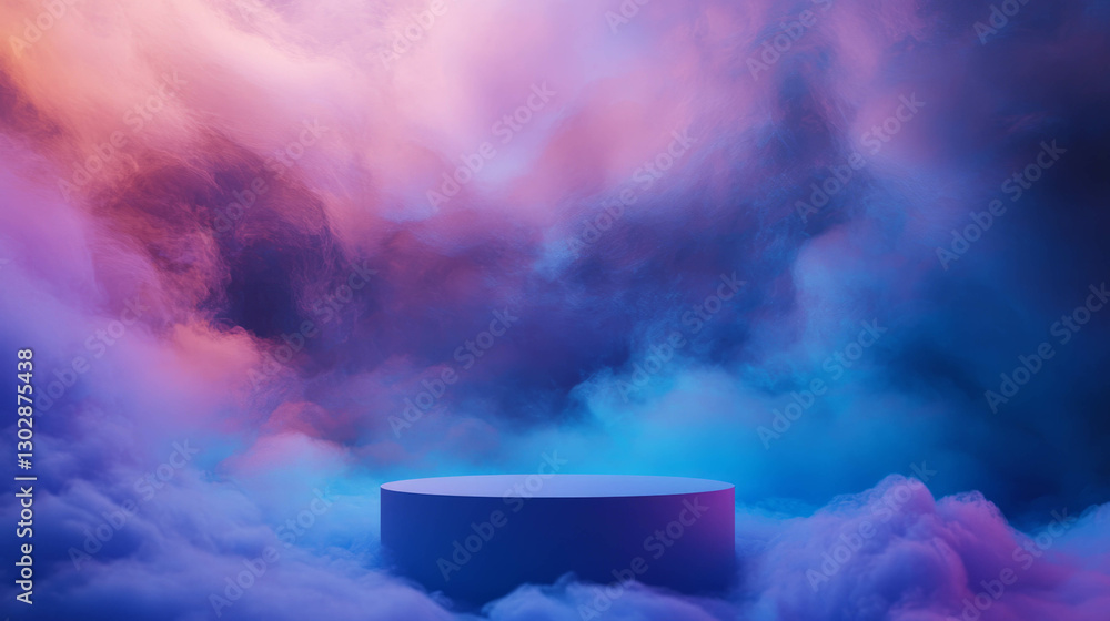 Poster abstract background with podium surrounded by vibrant colorful clouds