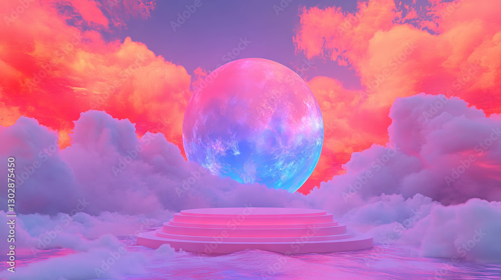Poster Futuristic podium against abstract cloudscape background for design and display concepts