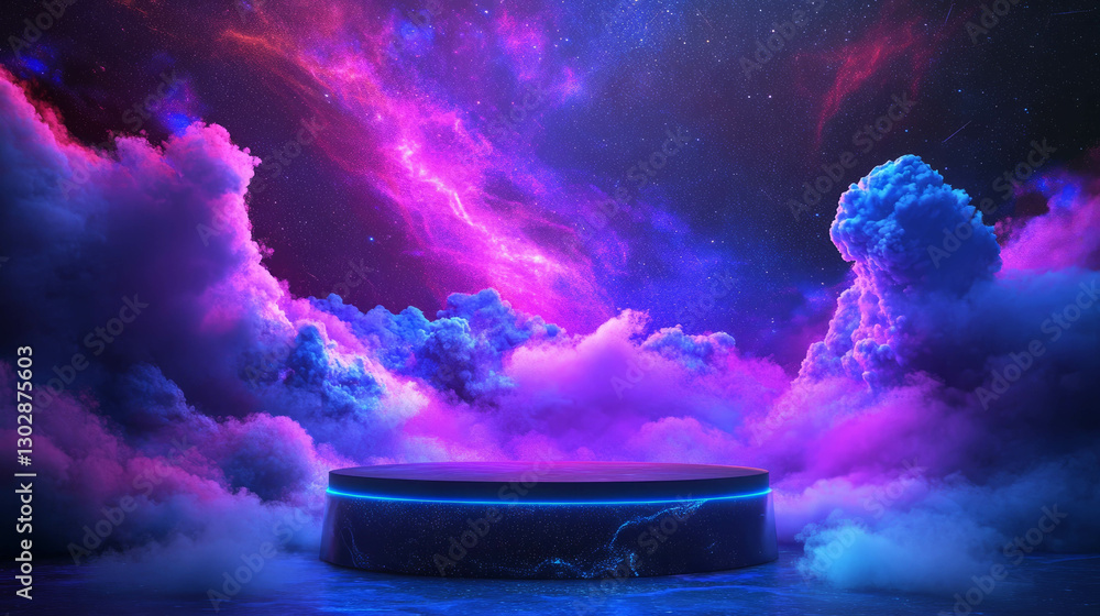 Poster vibrant abstract background with cosmic clouds and illuminated podium for creative design