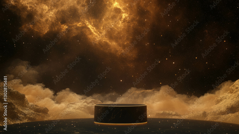Aufkleber ethereal cosmic abstract background with illuminated podium for creative design