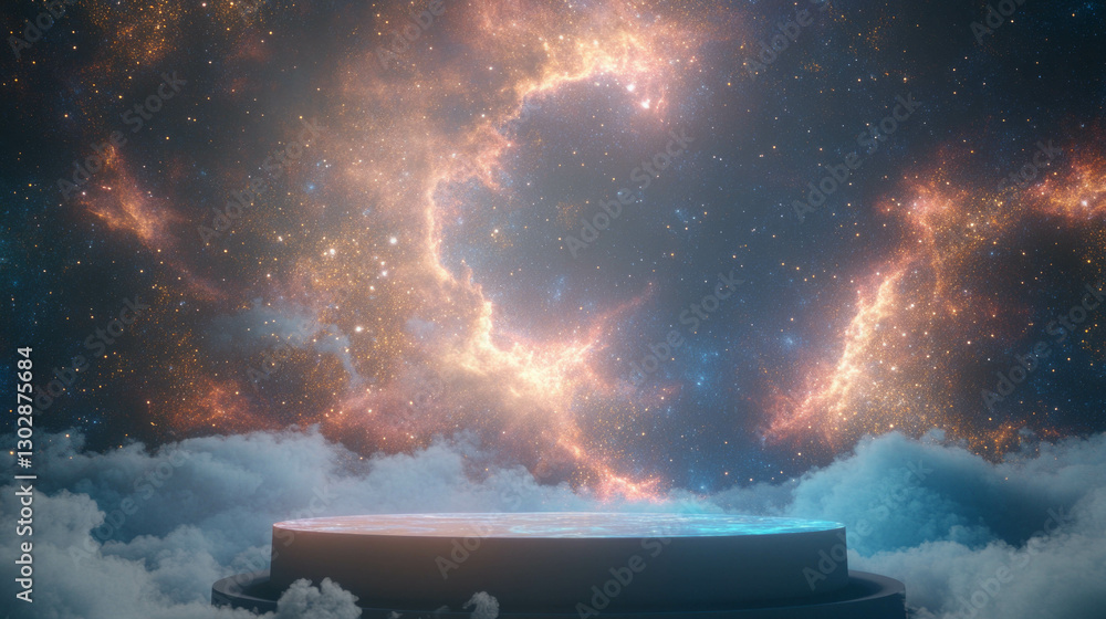 Poster celestial podium in cosmic cloudscape for futuristic event design