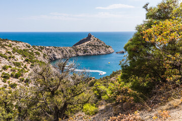Views from the tourist mountain trail to Peak Cosmos on the Karaul-Oba mountain range on the Black Sea coast near the Golitsyn trail near  the village of Novy Svet, Crimea, Russia.