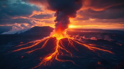 active volcanic eruption at sunset with flowing lava streams and smoke