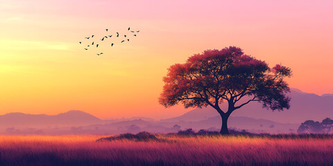 Naklejka premium Golden Sunset Over the African Savannah with Silhouetted Acacia Trees and Soaring Birds